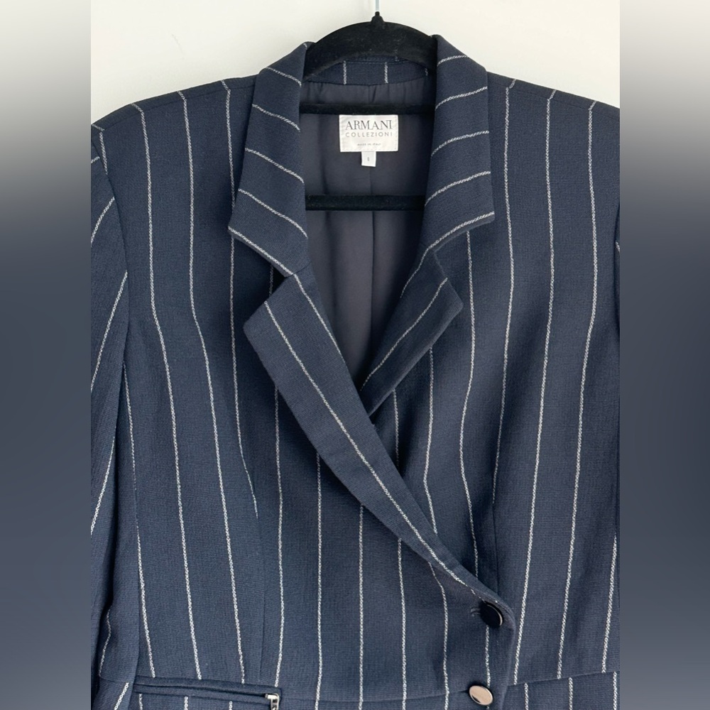 ARMANI COLLEZIONI Sz 8 Vintage Striped Navy Wool Blend Notched Collared - Picture 2 of 9